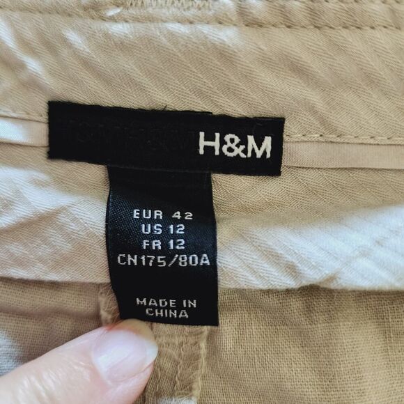 H & M wide leg linen cotton‎ blend khaki tan pants womens size 12 - Picture 5 of 7